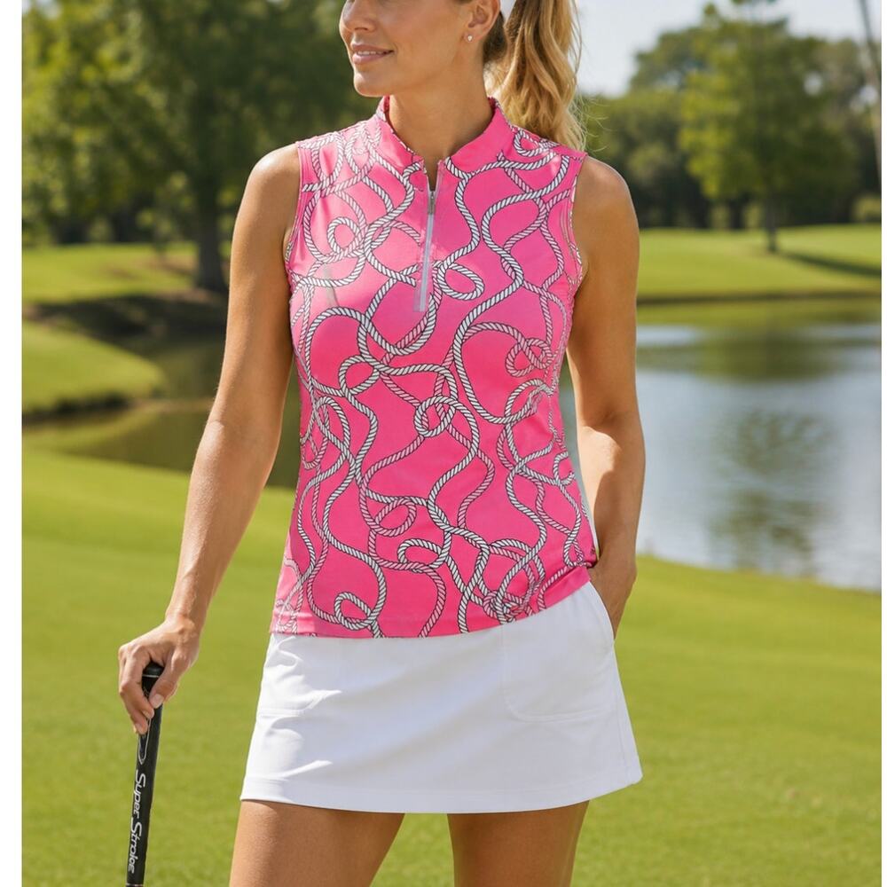 Tail Golf Sleeveless Polo Pink Rope Print 1/4 Zip Performance Top Tenniscore